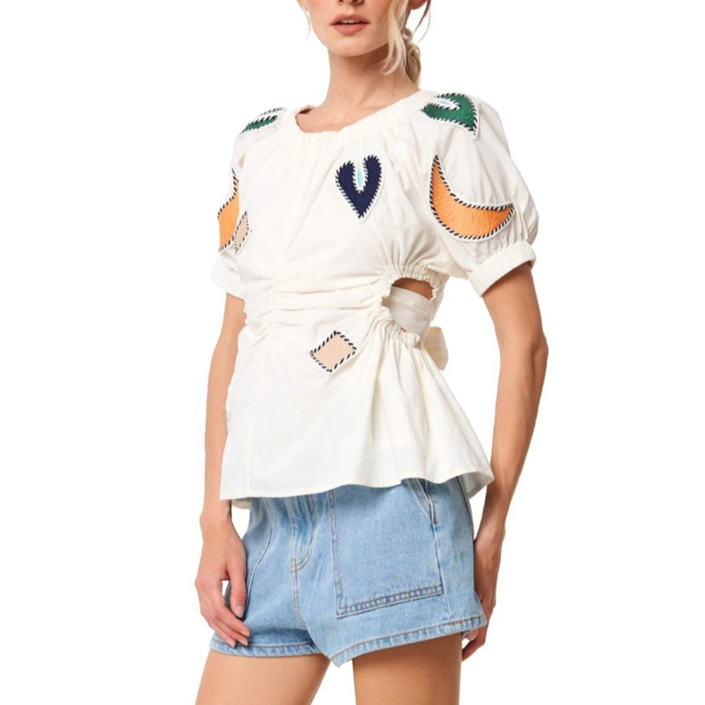 Ciebon‎ Blouse  White Embroidered Patchwork Tieback Gilda Vacation